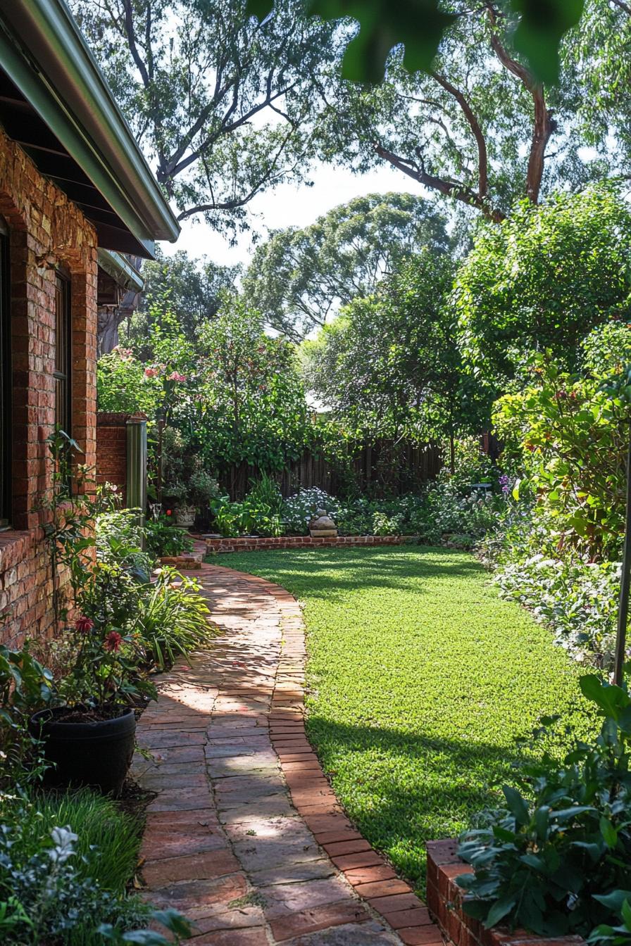 red brick country cottage garden with lawn stone tiled patio native plants and flowers in geometric landscaping