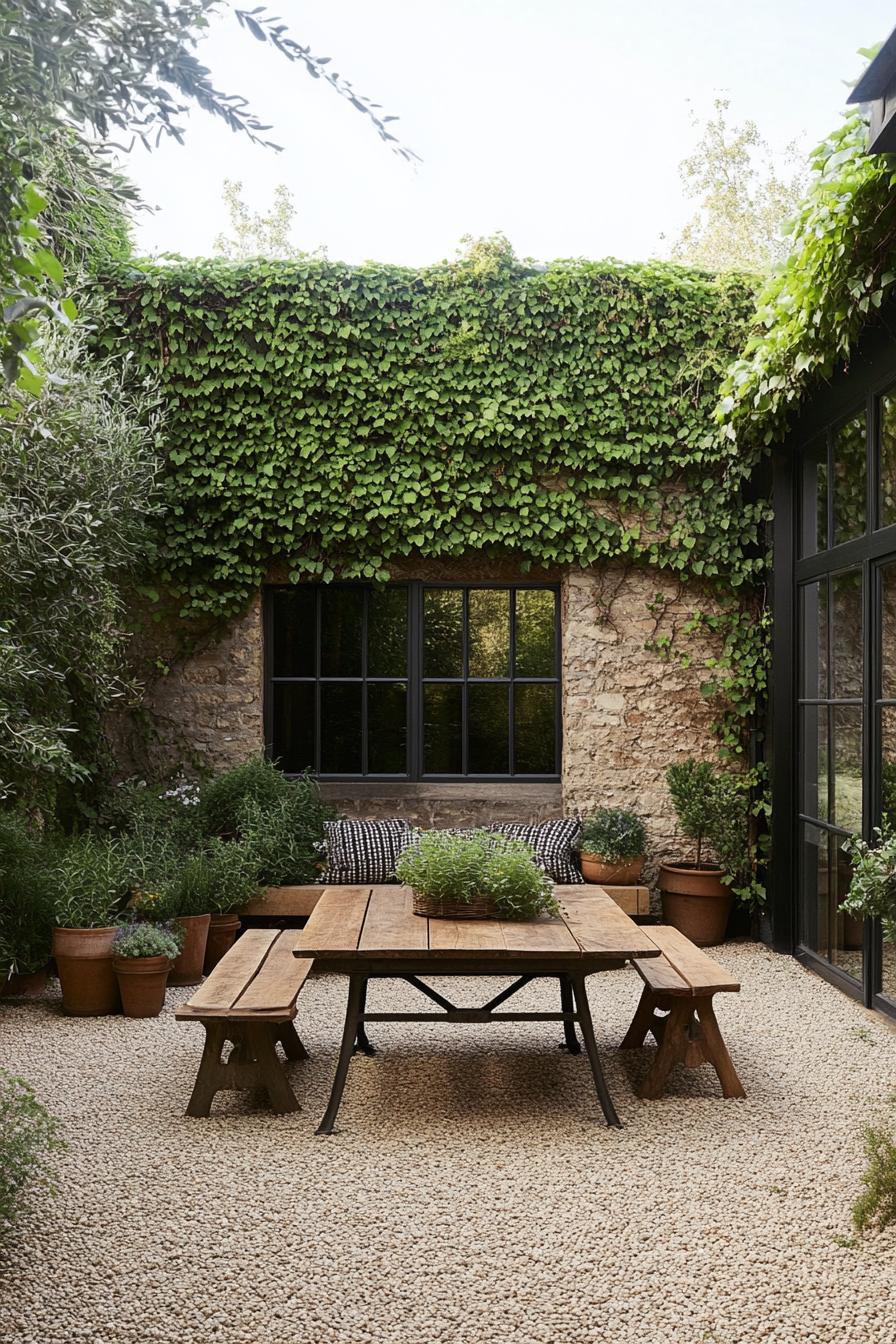 small modern patio with gravel floor walls overgrown with climber plants solid wood farmhouse furniture 1