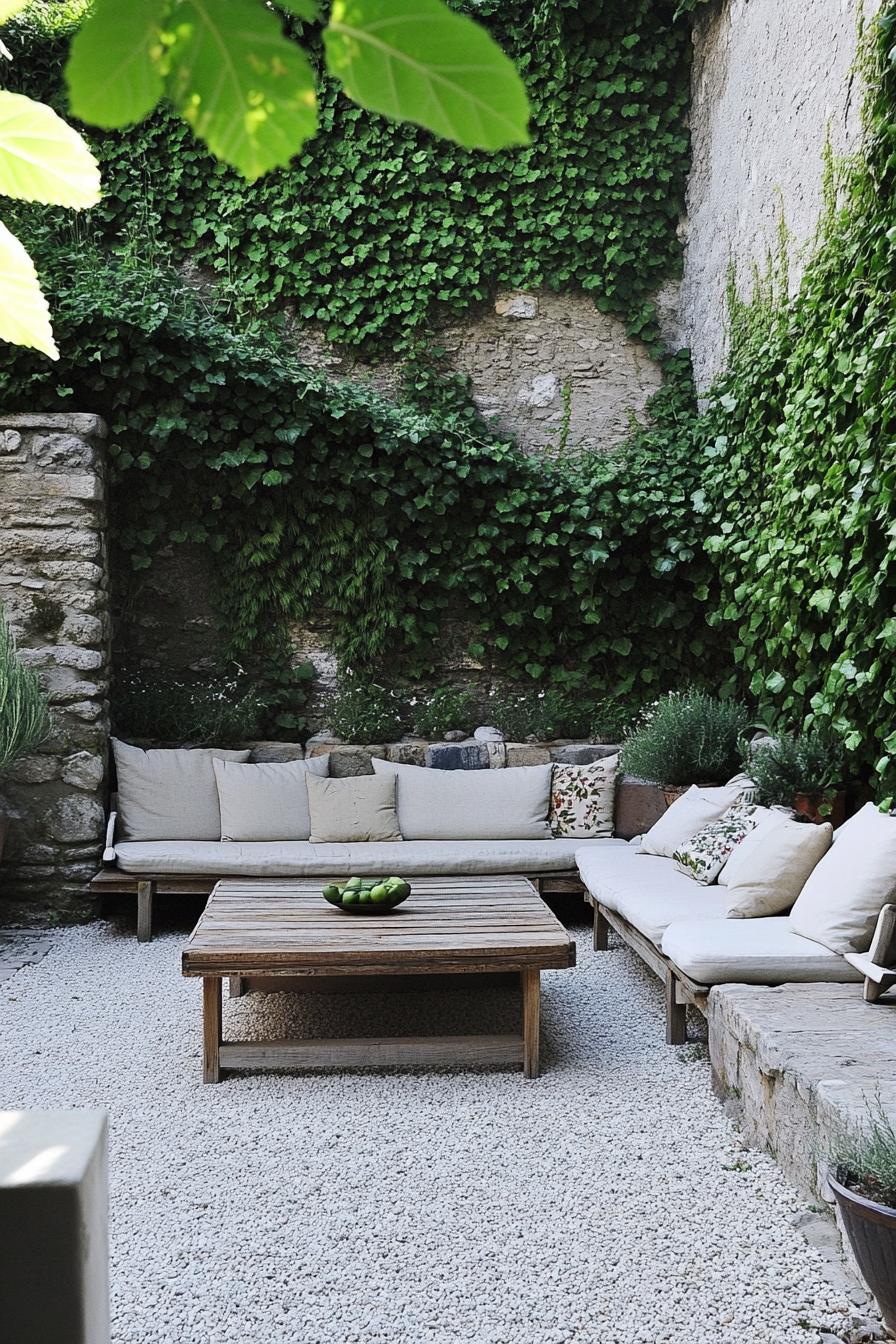 small modern patio with gravel floor walls overgrown with climber plants solid wood farmhouse furniture