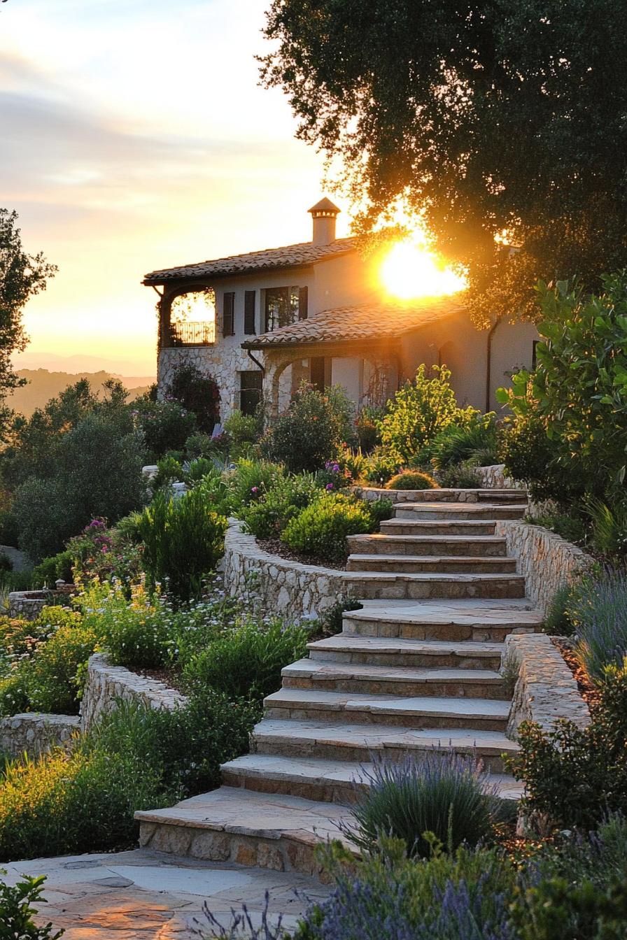 spacious tuscan garden with steps lush native plants trees shrubs sunset