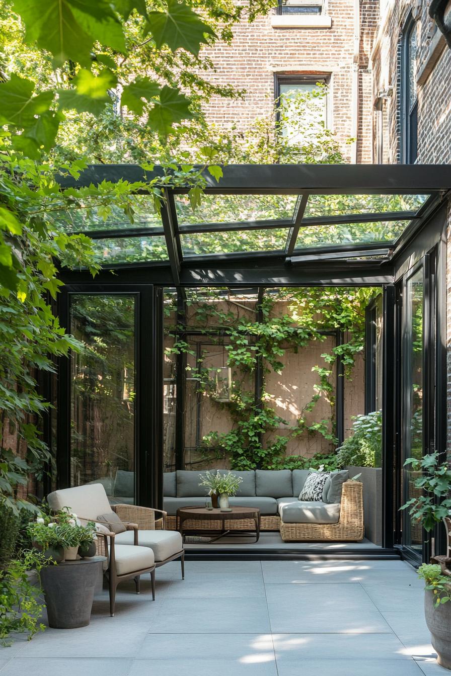 tiny modern pergola with a glass roof in a corner of a backyard with small outdoor furniture climber plants growing on the pergola 1