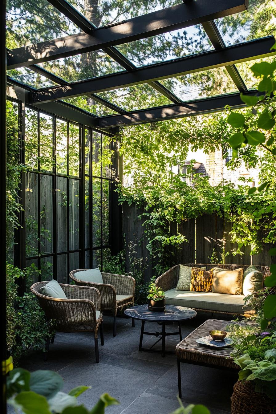 tiny modern pergola with a glass roof in a corner of a backyard with small outdoor furniture climber plants growing on the pergola 2