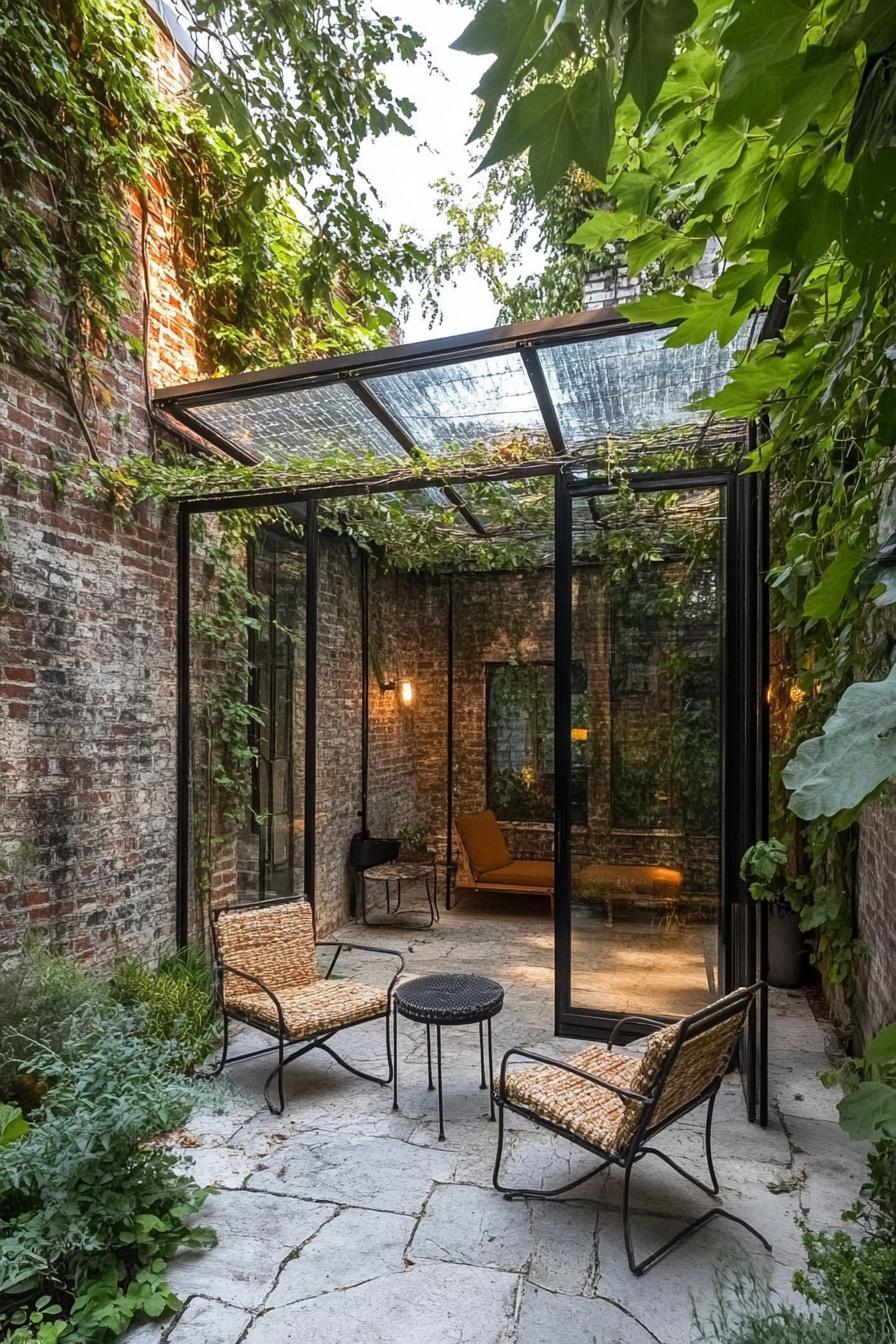 tiny modern pergola with a glass roof in a corner of a backyard with small outdoor furniture climber plants growing on the pergola 3