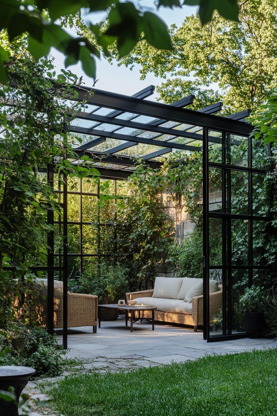 tiny modern pergola with a glass roof in a corner of a backyard with small outdoor furniture climber plants growing on the pergola