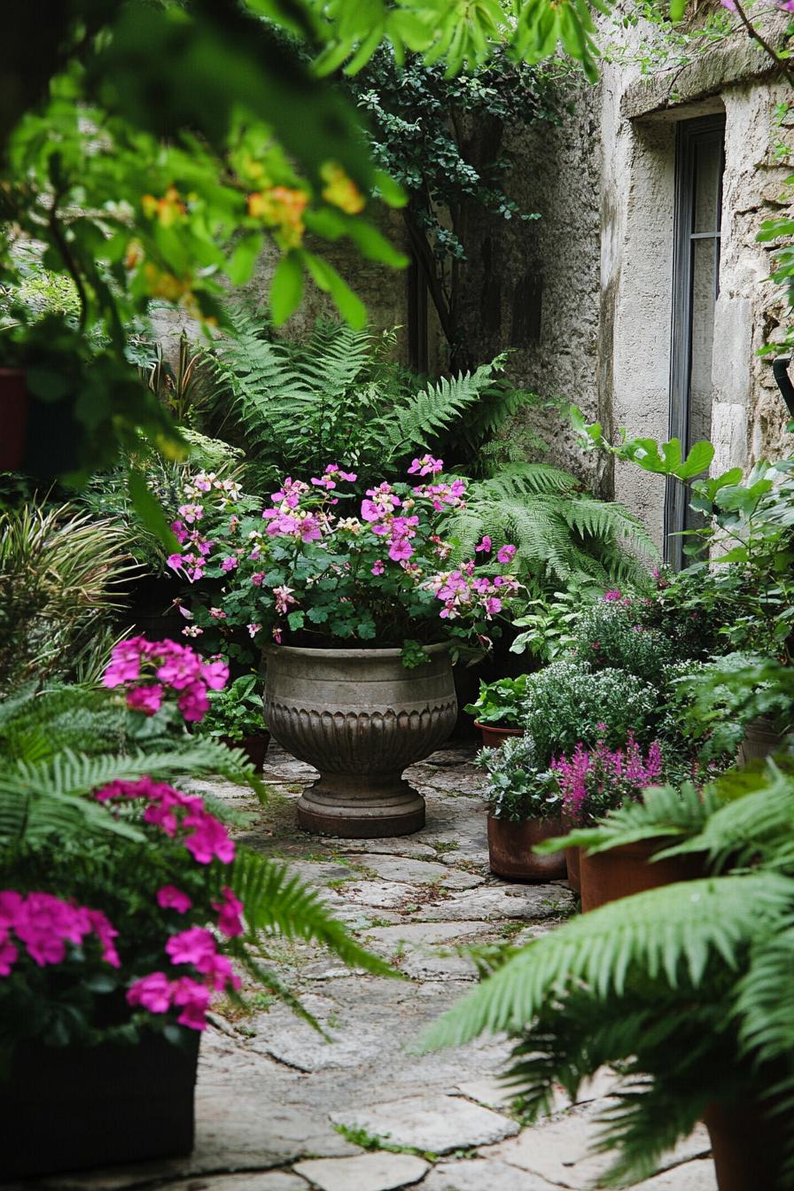 French backyard garden with leafy plants ferns vintage planter with blossoming flowers 1