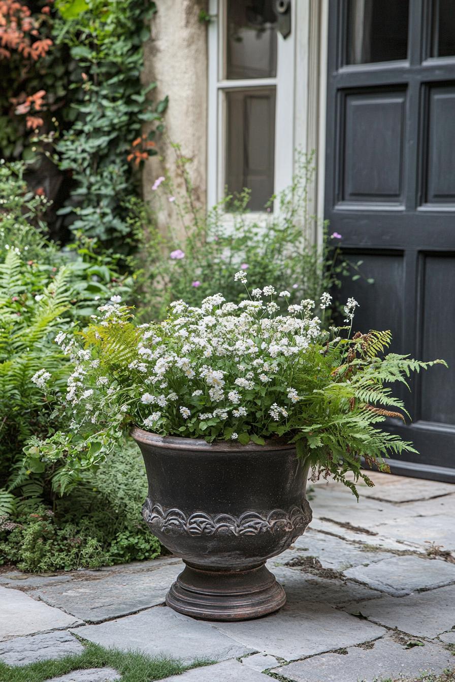 French backyard garden with leafy plants ferns vintage planter with blossoming flowers 2