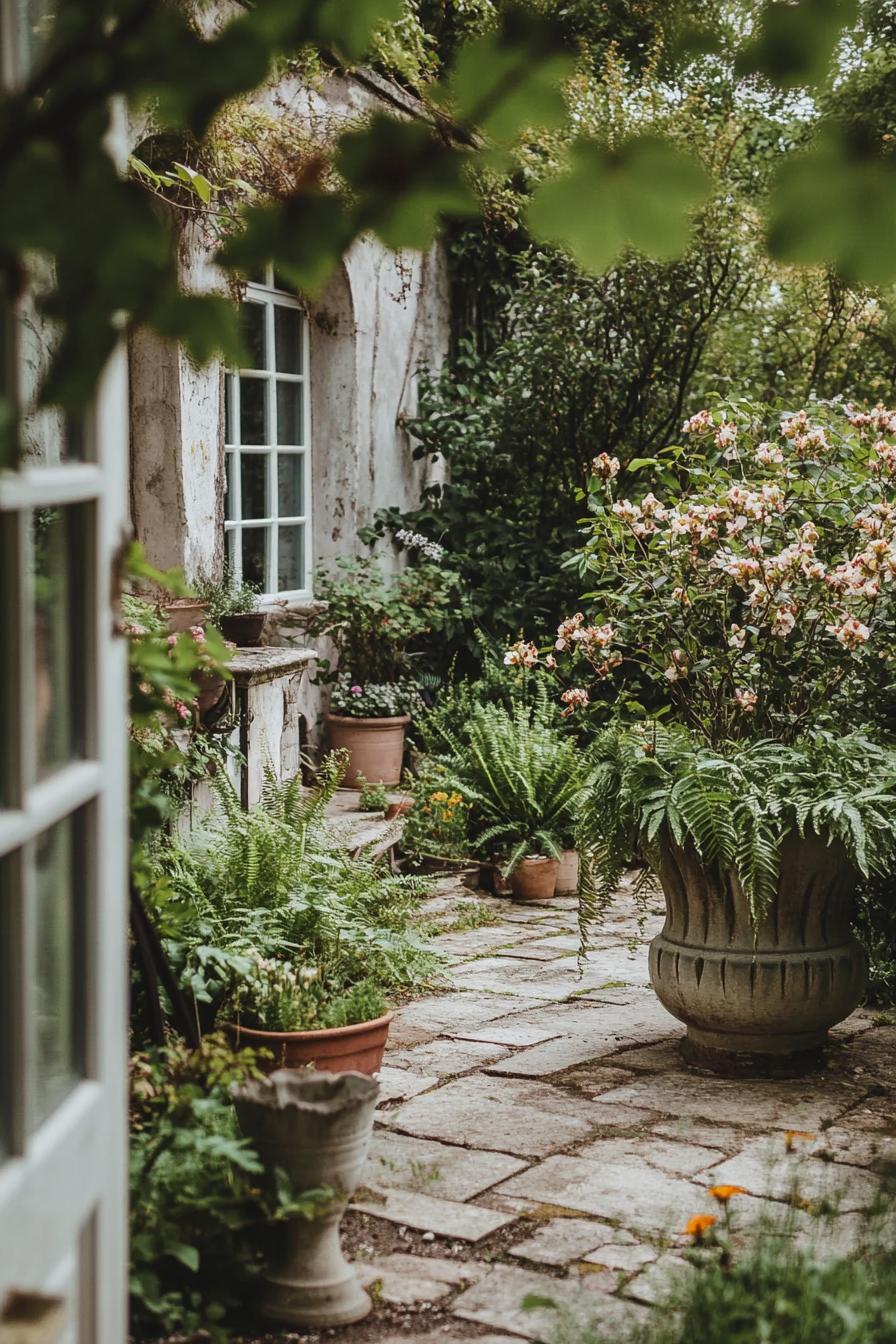 French backyard garden with leafy plants ferns vintage planter with blossoming flowers 3