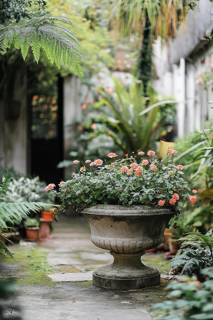 French backyard garden with leafy plants ferns vintage planter with blossoming flowers 4