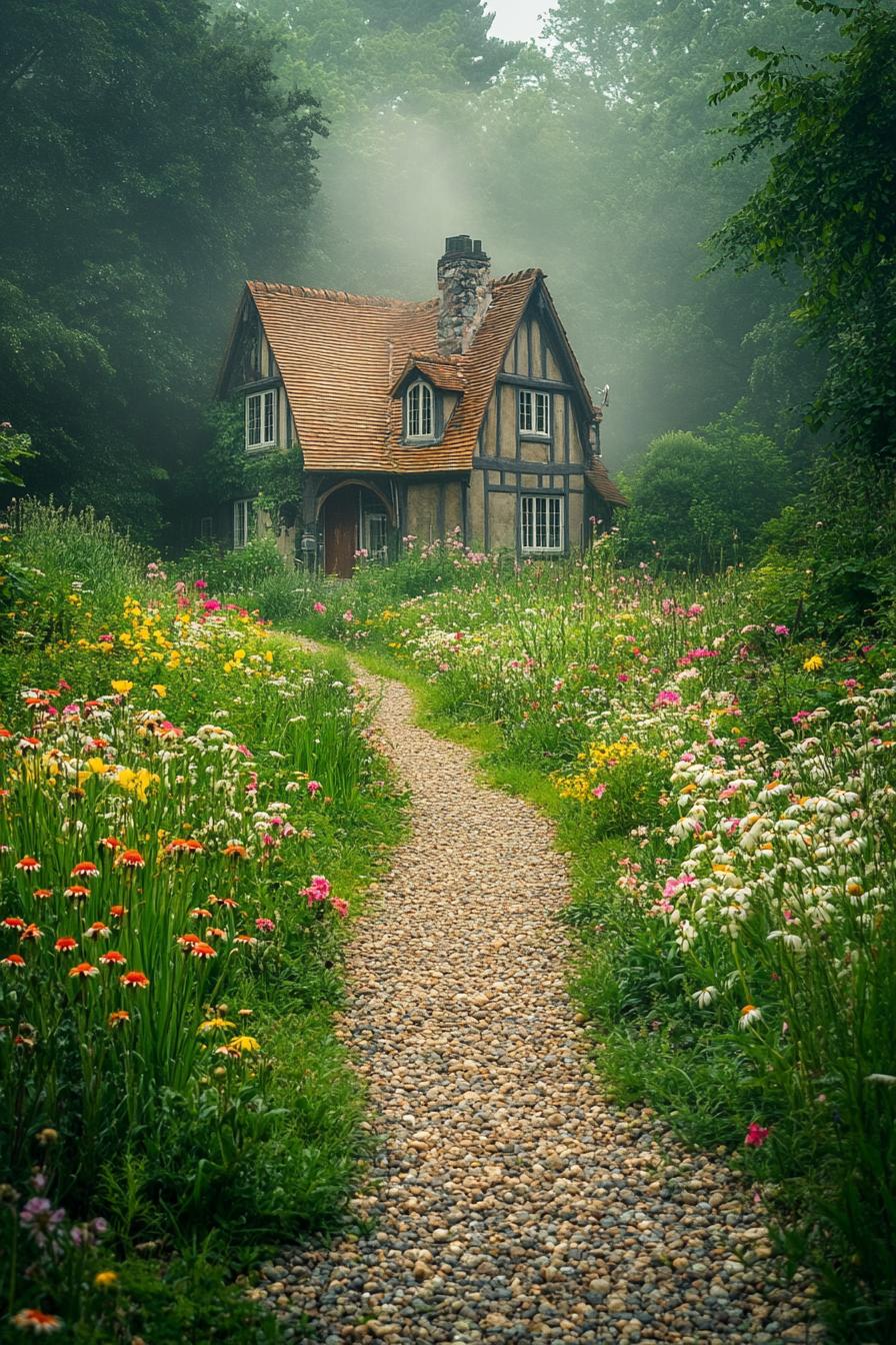 a gravel path through a wildflower garden to a cottage house only part of the house is visible the view is magically misty with diffused sinlight 1