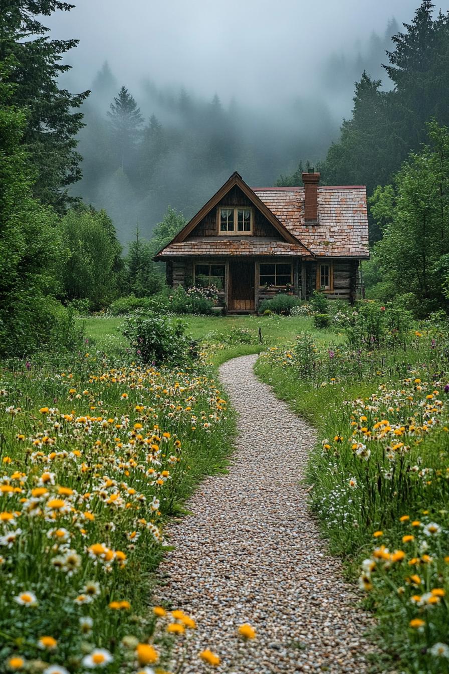 a gravel path through a wildflower garden to a cottage house only part of the house is visible the view is magically misty with diffused sinlight 2