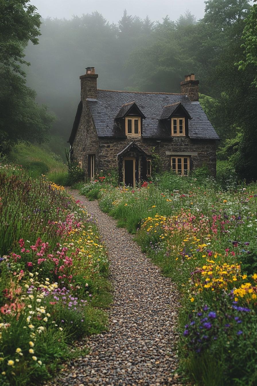 a gravel path through a wildflower garden to a cottage house only part of the house is visible the view is magically misty with diffused sinlight 3