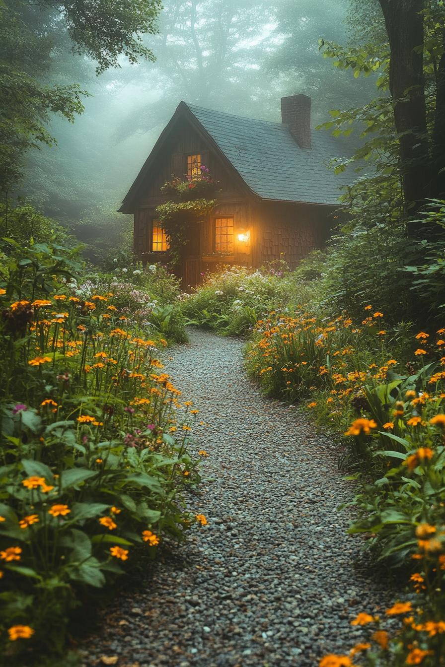 a gravel path through a wildflower garden to a cottage house only part of the house is visible the view is magically misty with diffused sinlight