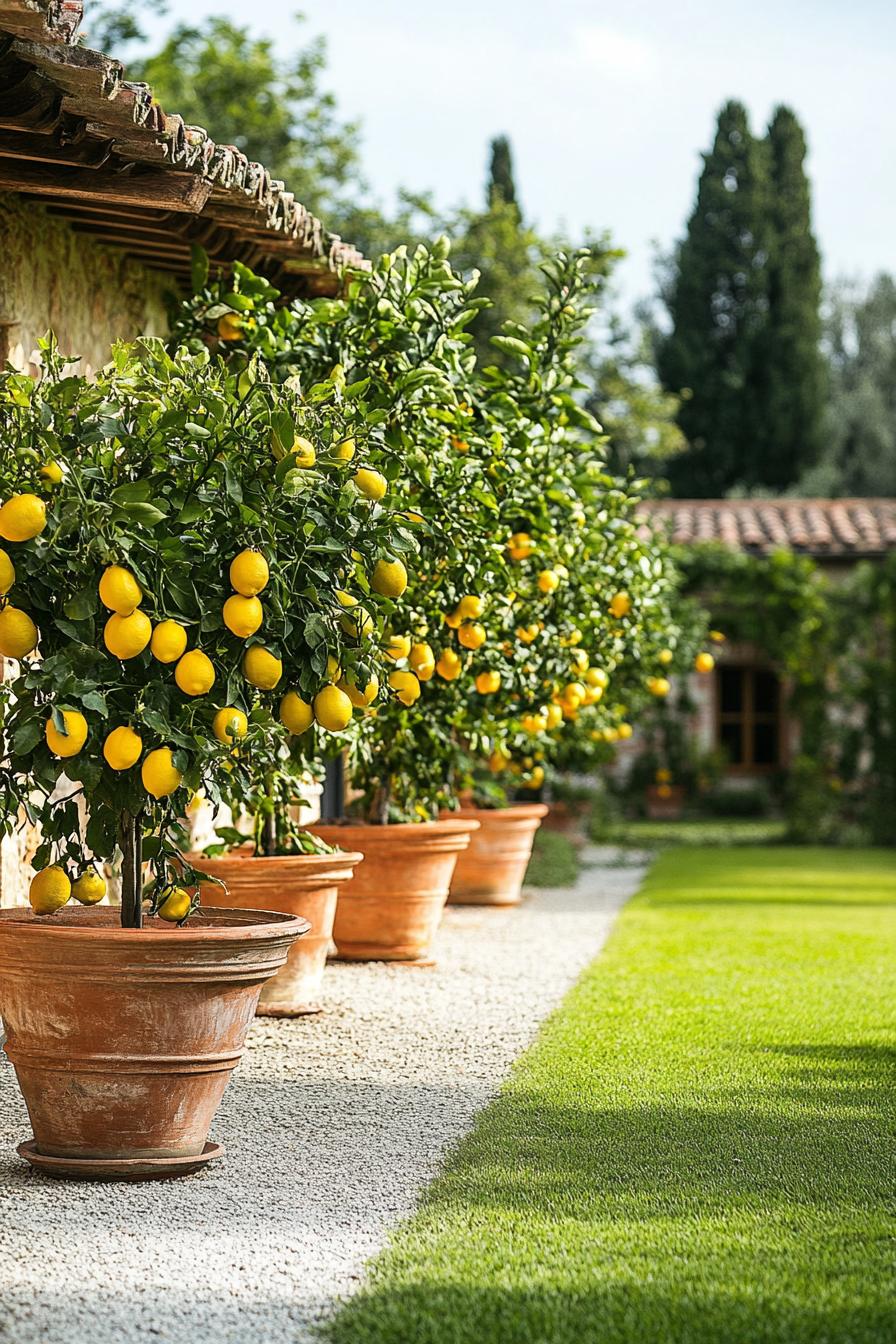 italian courtyard garden with potted lemon trees in large terracotta planters and bordered lawn with gravel paths 1