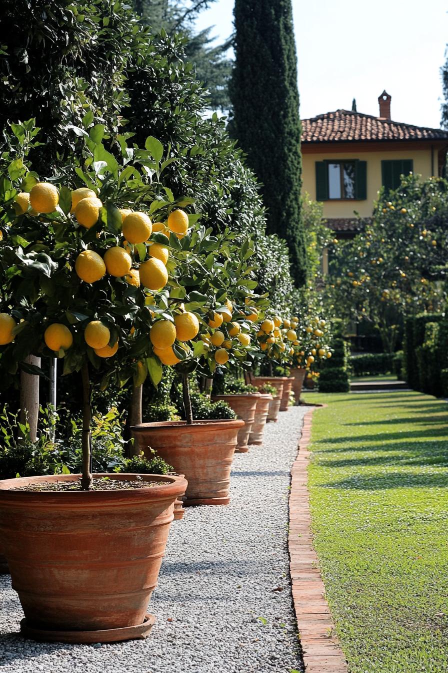 italian courtyard garden with potted lemon trees in large terracotta planters and bordered lawn with gravel paths