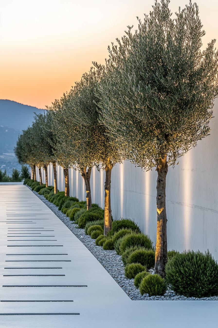 landscaping with tall concrete white fence wall lined with small olive trees planted symmetrically the trees are LED lit from undeerneath there are 1