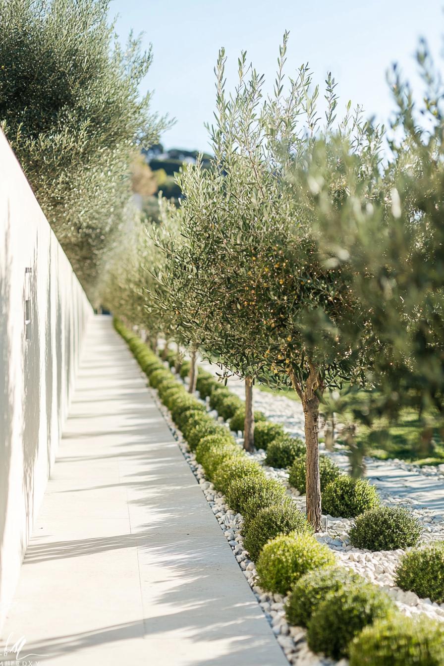 landscaping with tall concrete white fence wall lined with small olive trees planted symmetrically the trees are LED lit from undeerneath there are 2