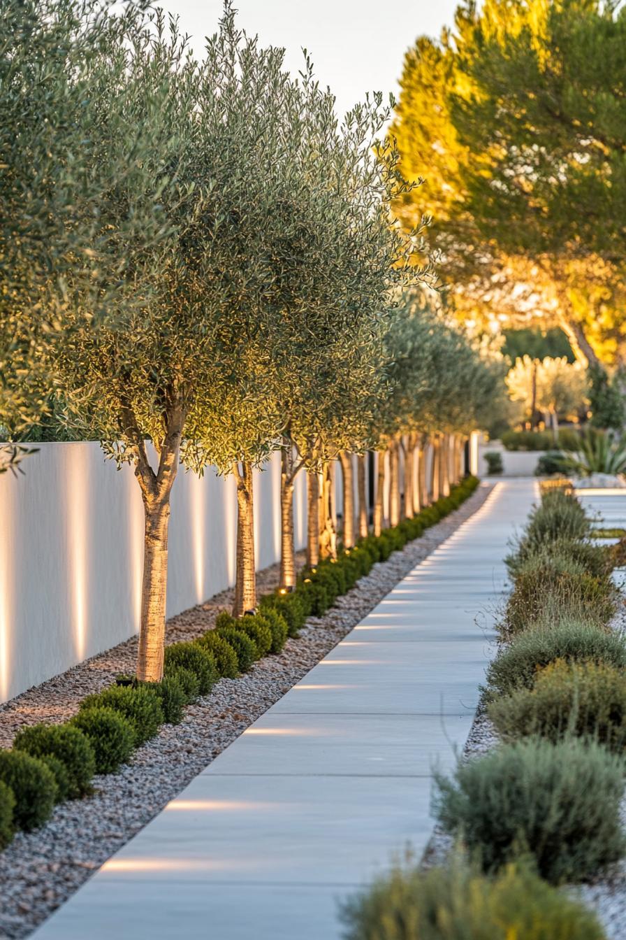 landscaping with tall concrete white fence wall lined with small olive trees planted symmetrically the trees are LED lit from undeerneath there are 3