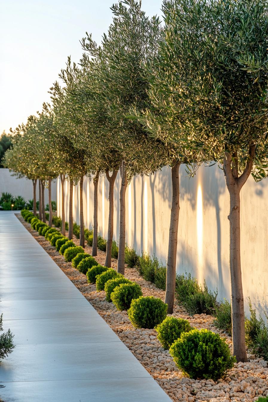 landscaping with tall concrete white fence wall lined with small olive trees planted symmetrically the trees are LED lit from undeerneath there are