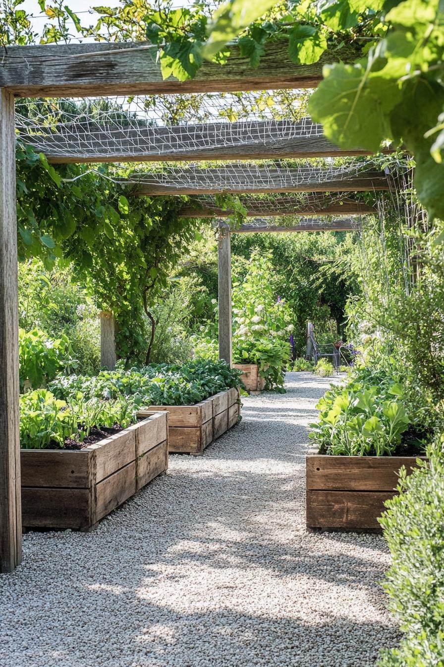 lush garden with gravel wooden box planters of veggies pergolas with wire mesh and climber plants 1