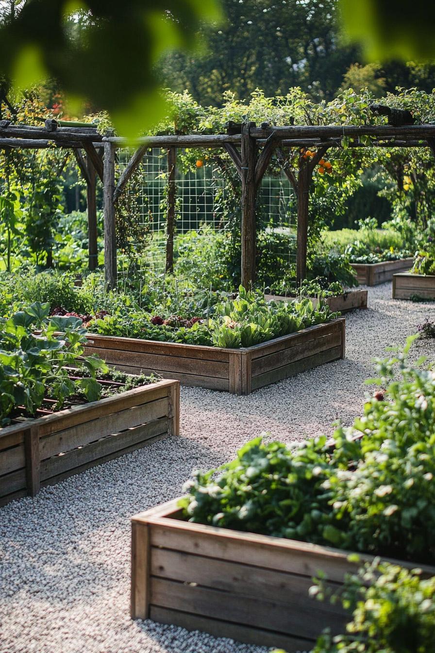 lush garden with gravel wooden box planters of veggies pergolas with wire mesh and climber plants 2