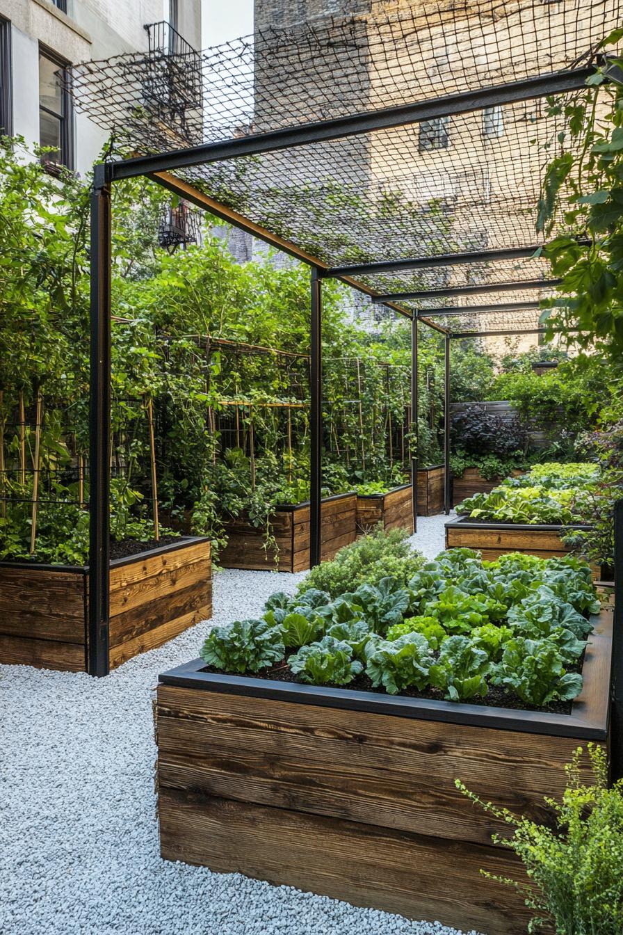 lush garden with gravel wooden box planters of veggies pergolas with wire mesh and climber plants