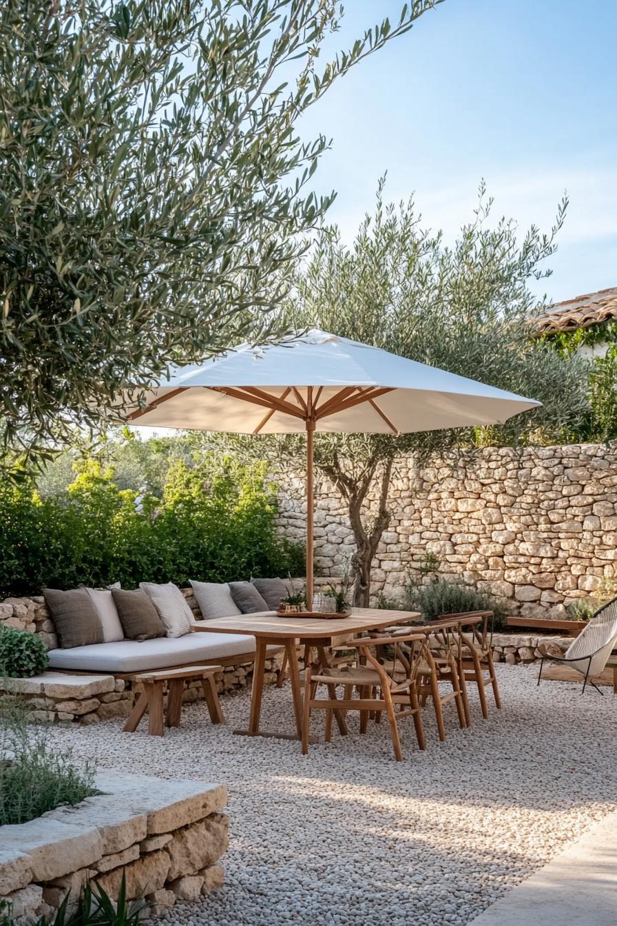 mediterranean backyard modern garden in the corner of stone walls with olive trees gravel patio bordered with stone blocks turned benches with 1