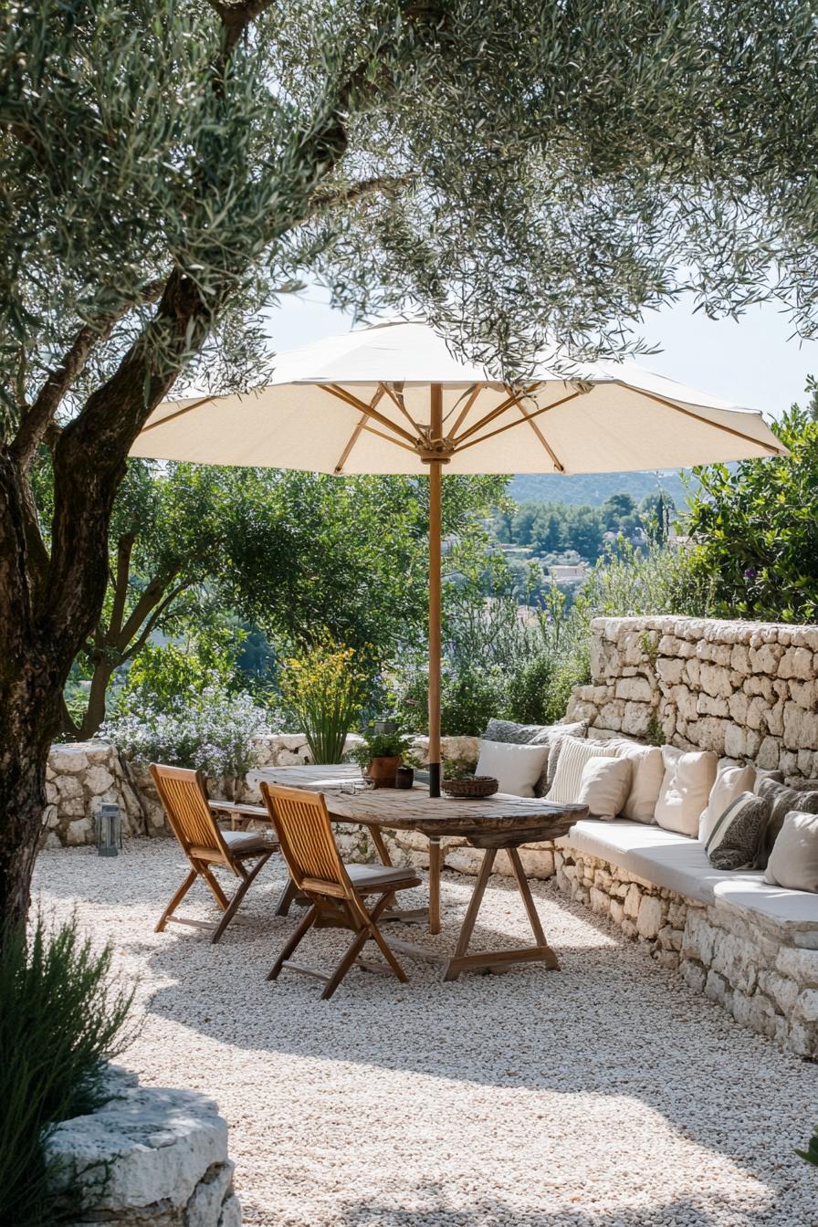 mediterranean backyard modern garden in the corner of stone walls with olive trees gravel patio bordered with stone blocks turned benches with