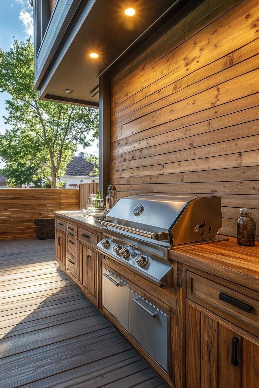 modern backyard outdoor wooden grill station with countertop grill cabinets roof with LED lights a modern cottage wall in shiplap is visible in the