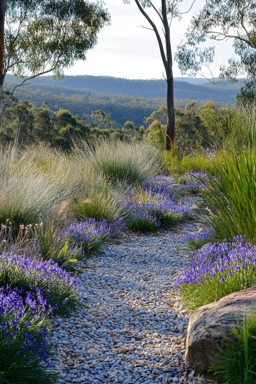 native australian garden with bluebells violets banksias silver grasses green grasses with gravel path 1