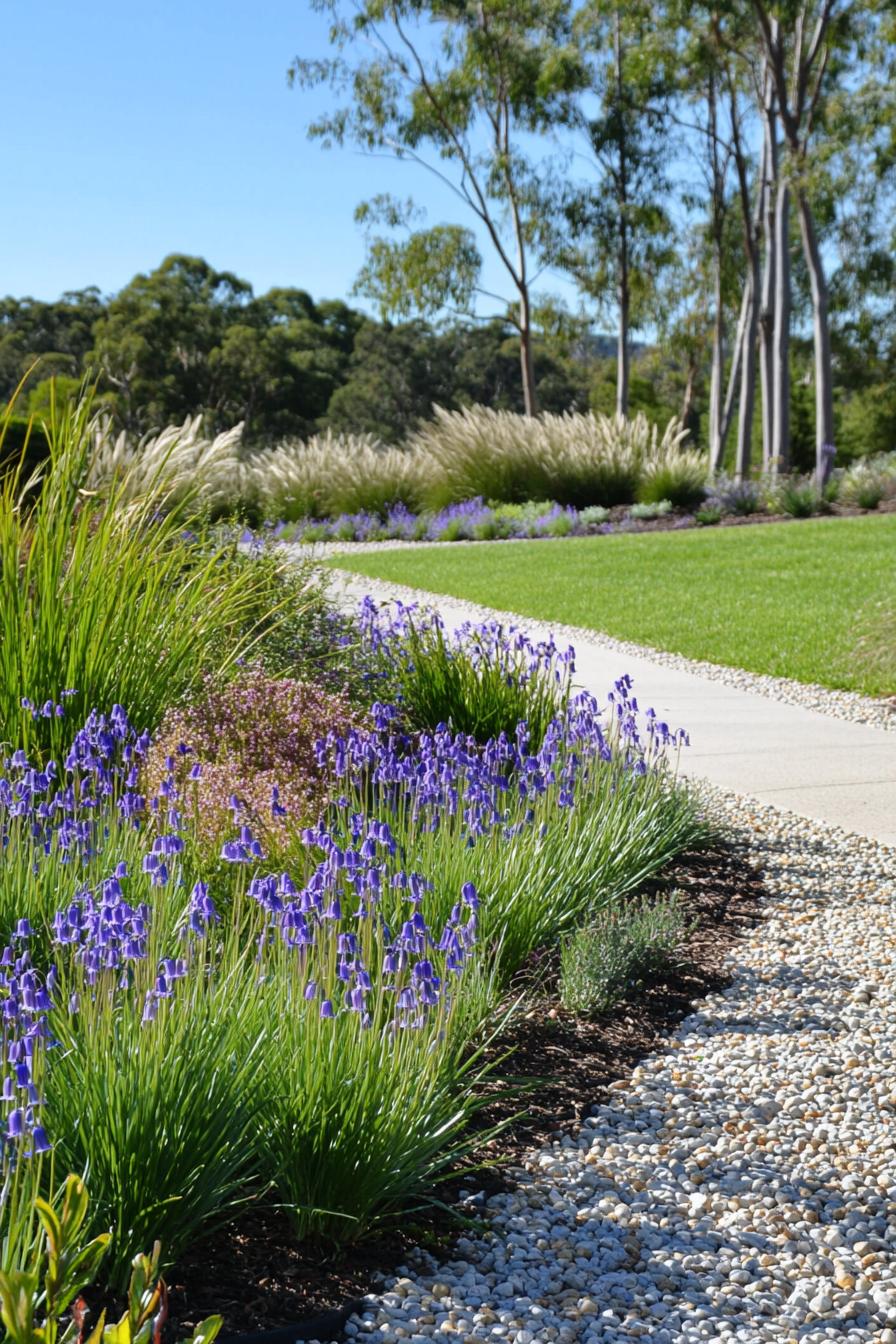 native australian garden with bluebells violets banksias silver grasses green grasses with gravel path 2