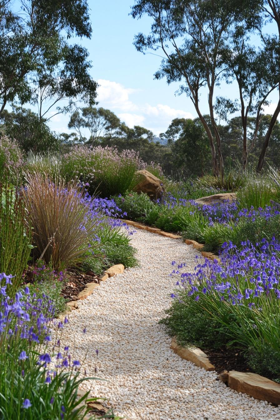 native australian garden with bluebells violets banksias silver grasses green grasses with gravel path 3