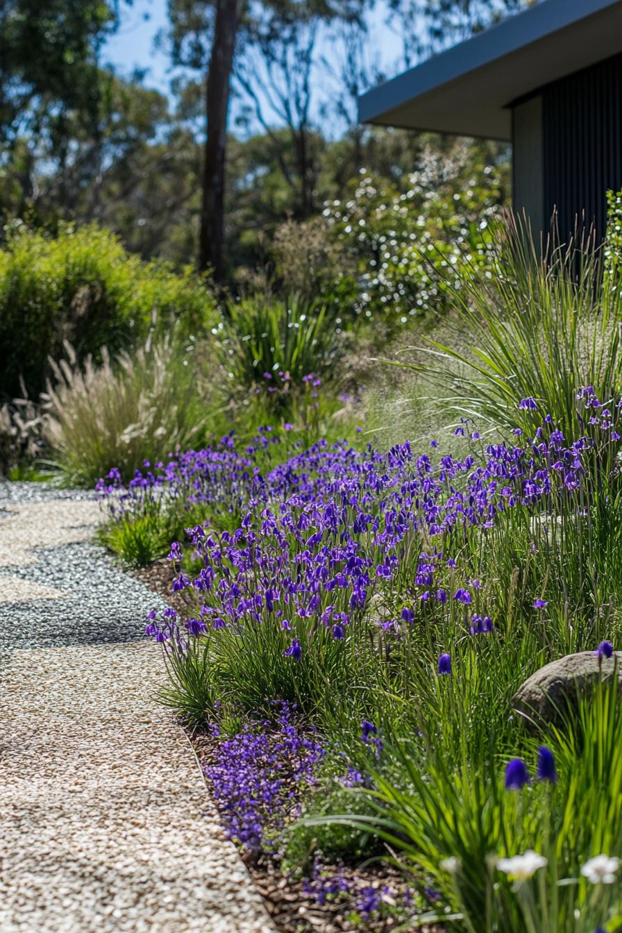 native australian garden with bluebells violets banksias silver grasses green grasses with gravel path