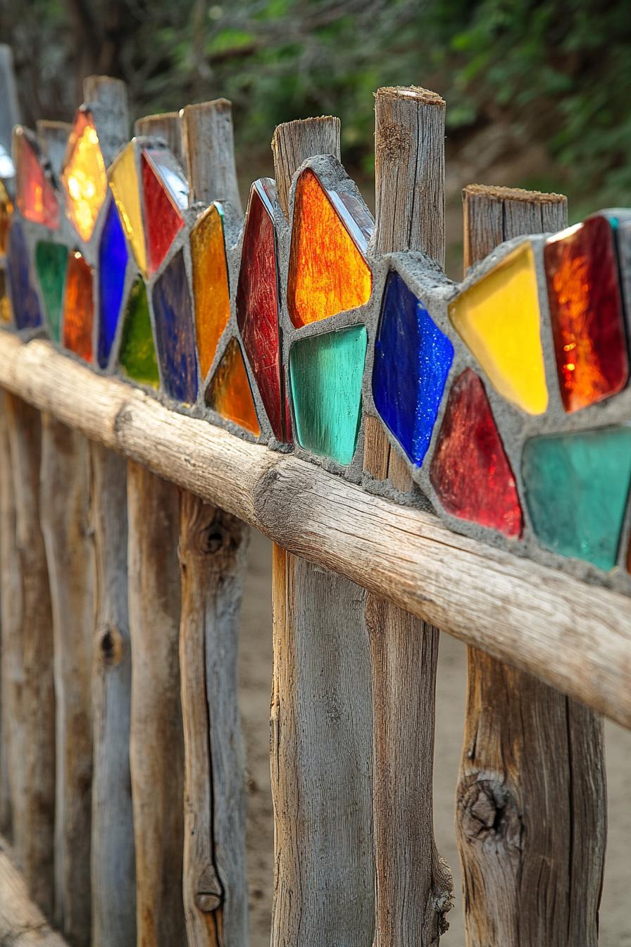 rustic wood fence decorated with recycled multi colored stained glass pieces