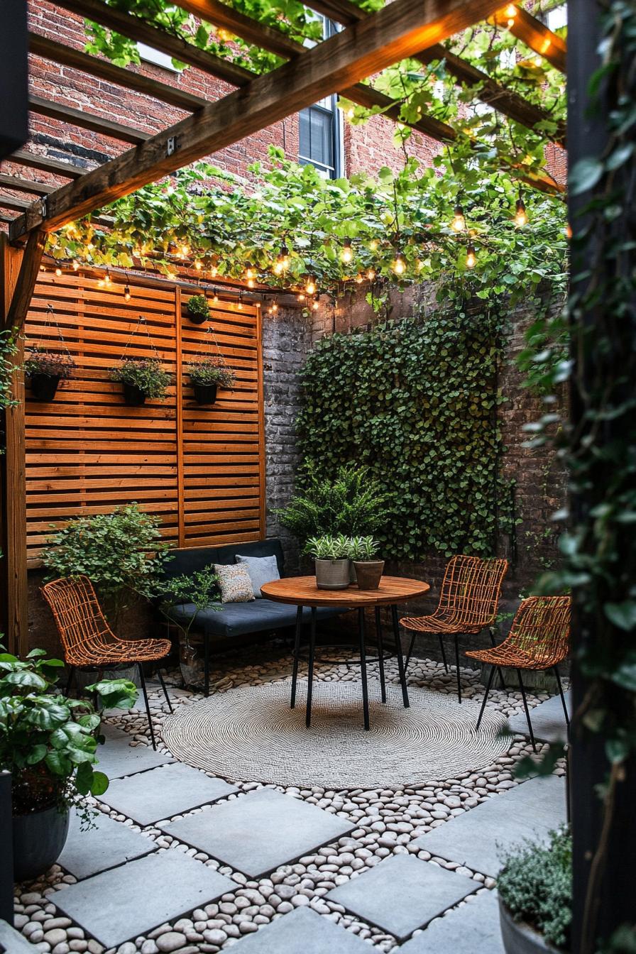 tiny backyard garden between brick wall and modern wooden panel fence pergola roof with vines potten leafy plants paved patio outdoor area rug 1