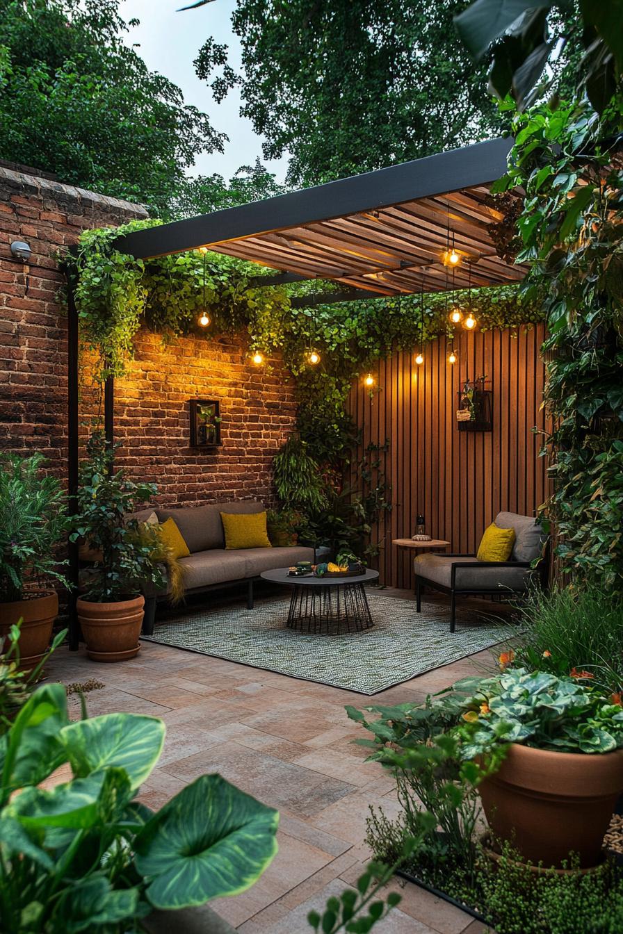 tiny backyard garden between brick wall and modern wooden panel fence pergola roof with vines potten leafy plants paved patio outdoor area rug 2