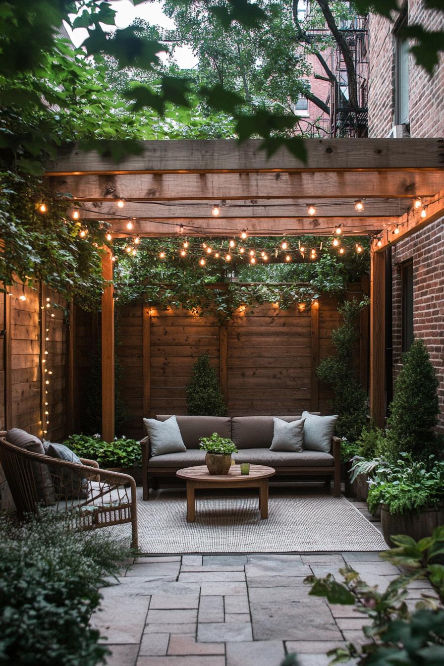 tiny backyard garden between brick wall and modern wooden panel fence pergola roof with vines potten leafy plants paved patio outdoor area rug 3