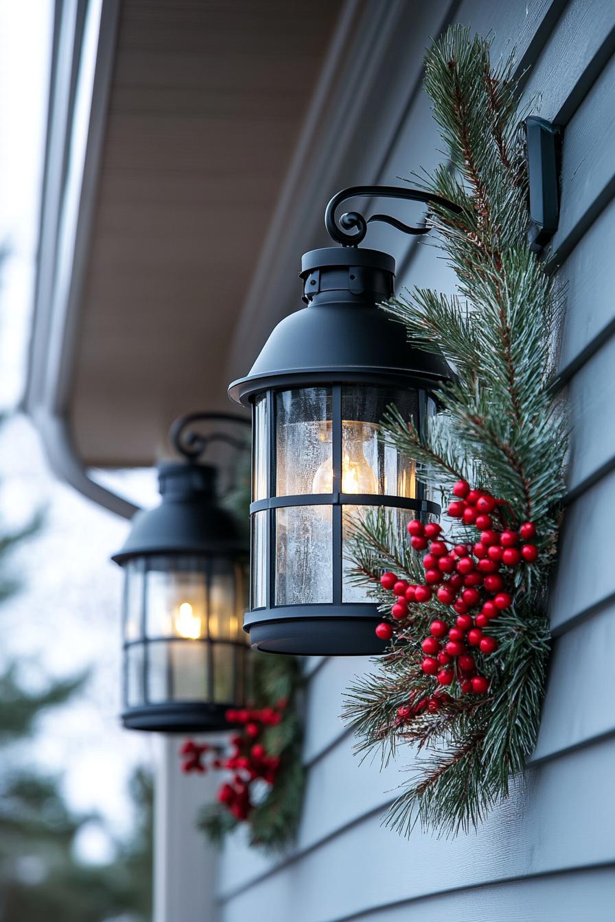 upclose of porch lanterns on a light gray house siding decorated with branches of fir tree and red Christmas berries