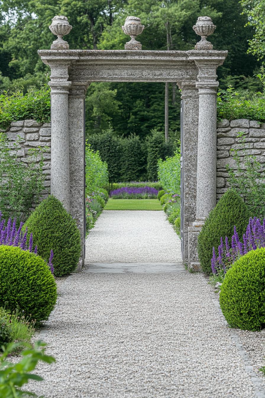 French garden with stone walls gateway with columns gravel paths geometric shrubs 1