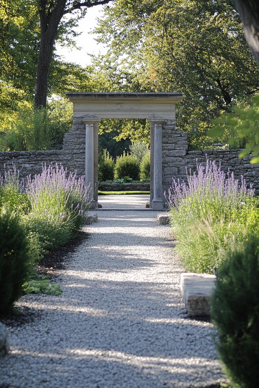 French garden with stone walls gateway with columns gravel paths geometric shrubs 2