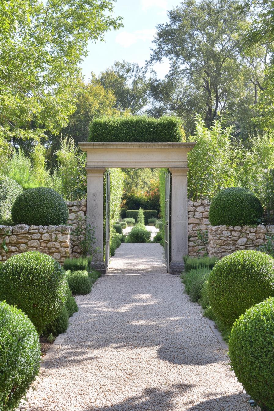 French garden with stone walls gateway with columns gravel paths geometric shrubs