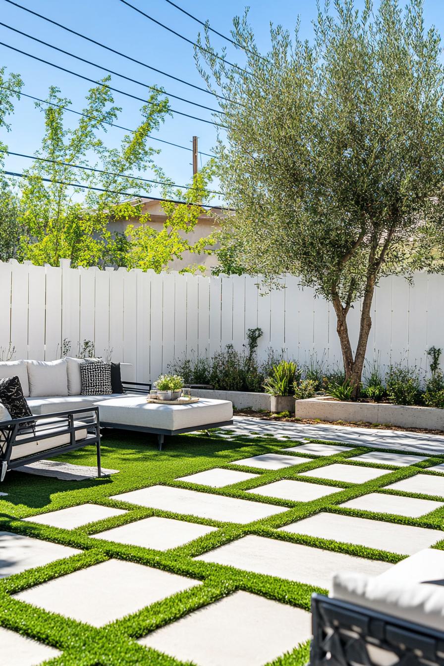 backyard landscape with tall white fence raised patio paved in stone grass patch along the fence with concrete pavers an olive tree in the corner 1