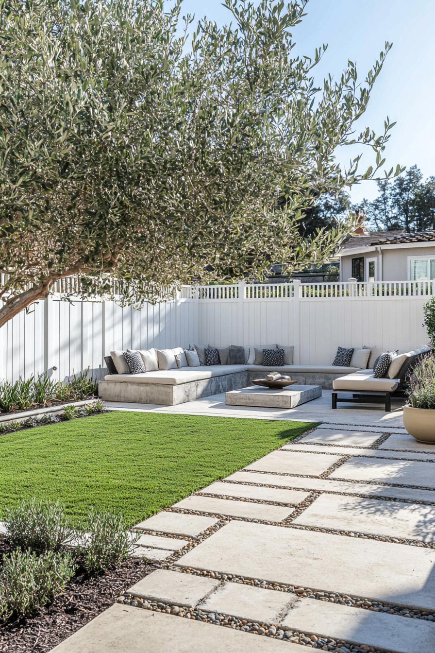 backyard landscape with tall white fence raised patio paved in stone grass patch along the fence with concrete pavers an olive tree in the corner 2