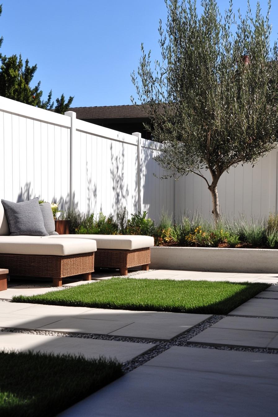 backyard landscape with tall white fence raised patio paved in stone grass patch along the fence with concrete pavers an olive tree in the corner 3