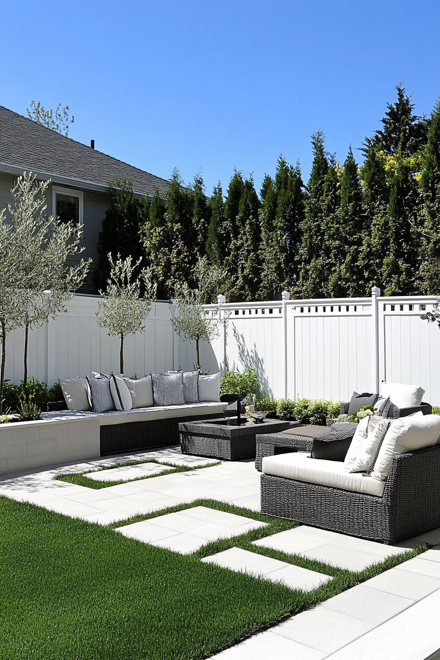 backyard landscape with tall white fence raised patio paved in stone grass patch along the fence with concrete pavers an olive tree in the corner