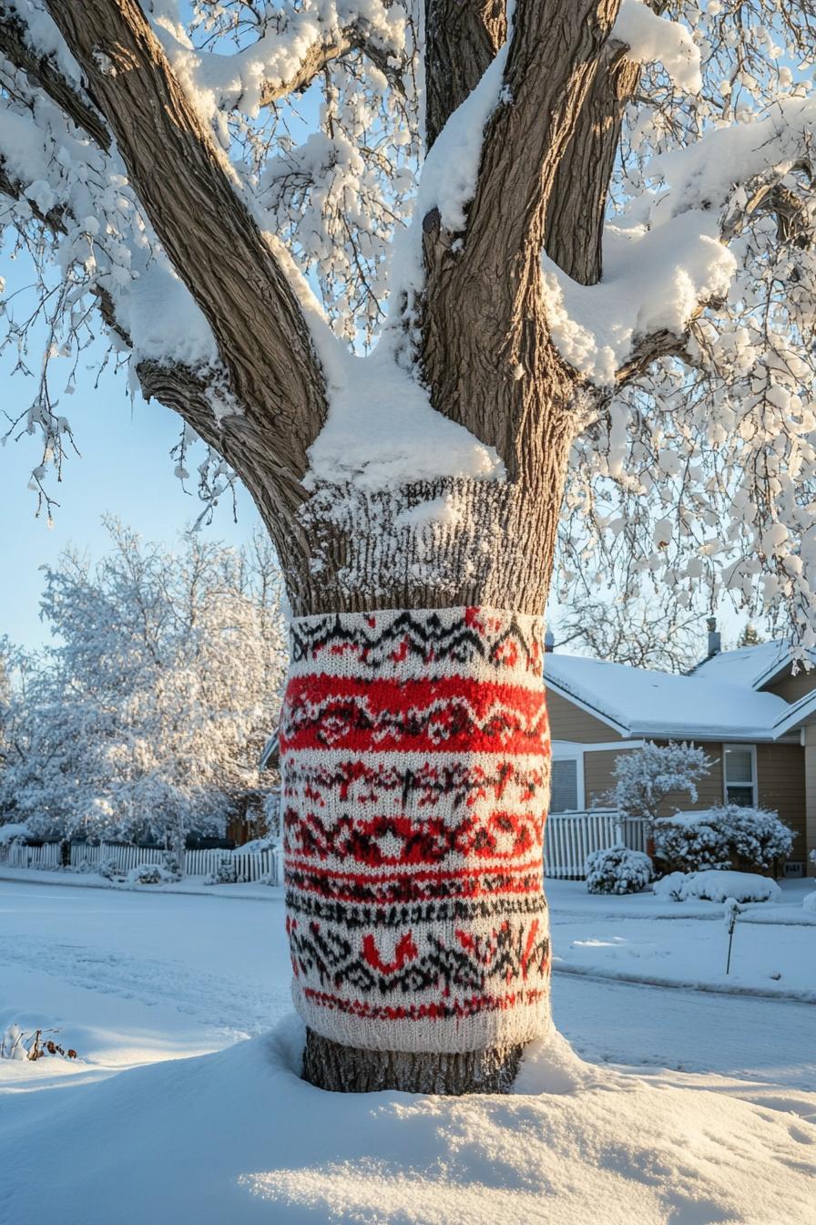 backyard tree with its trunk wrapped with a Christmas sweater for decor winter snow 1