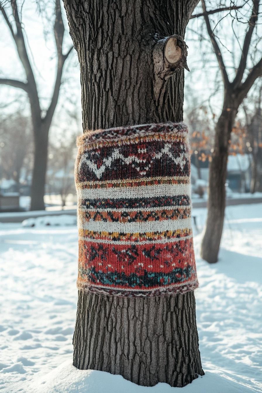 backyard tree with its trunk wrapped with a Christmas sweater for decor winter snow