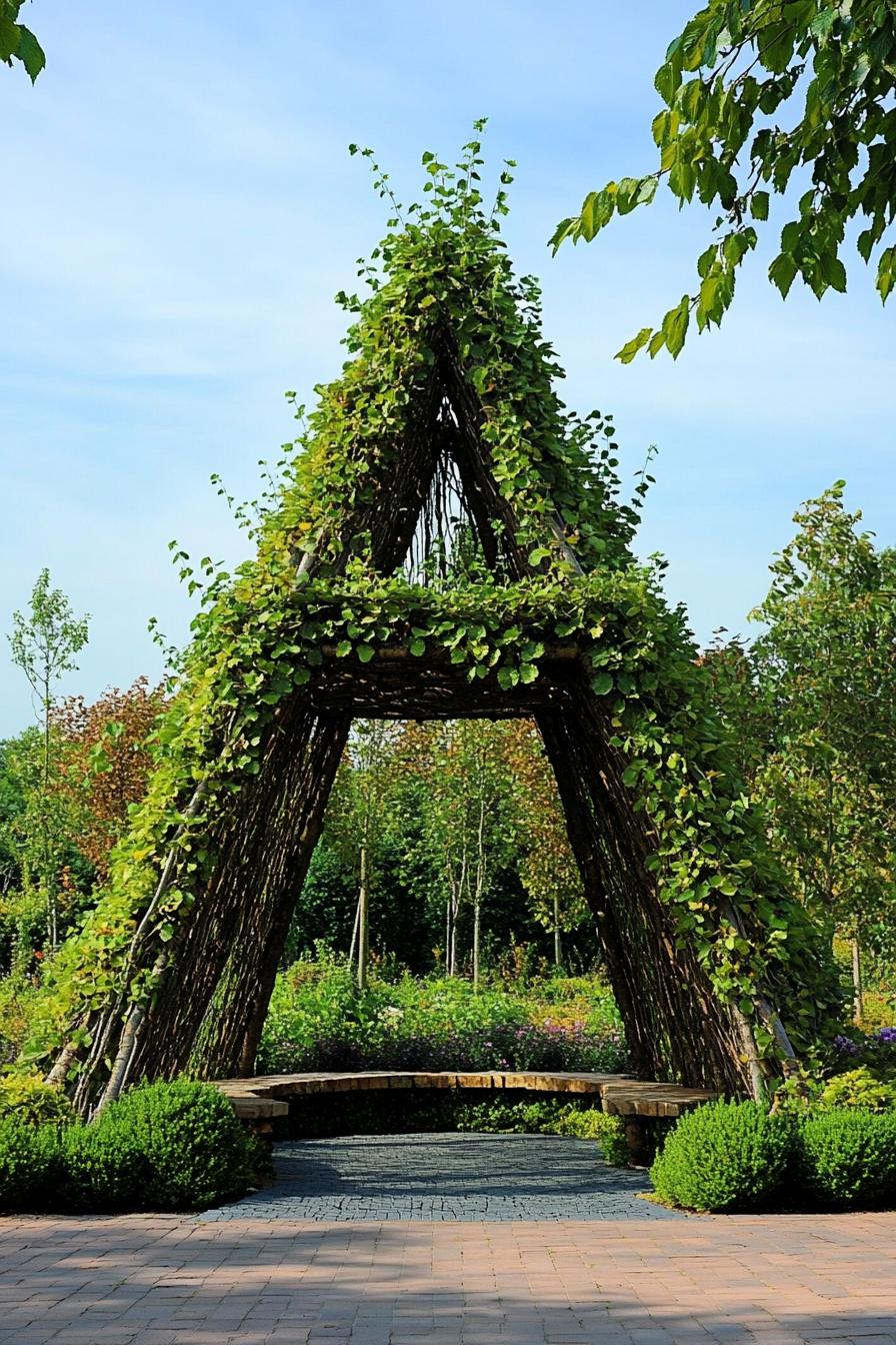 garden gazebo pyramid structure made of tree brances with foliage 1