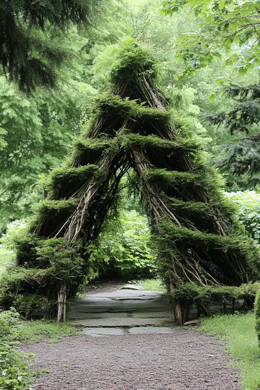 garden gazebo pyramid structure made of tree brances with foliage 2