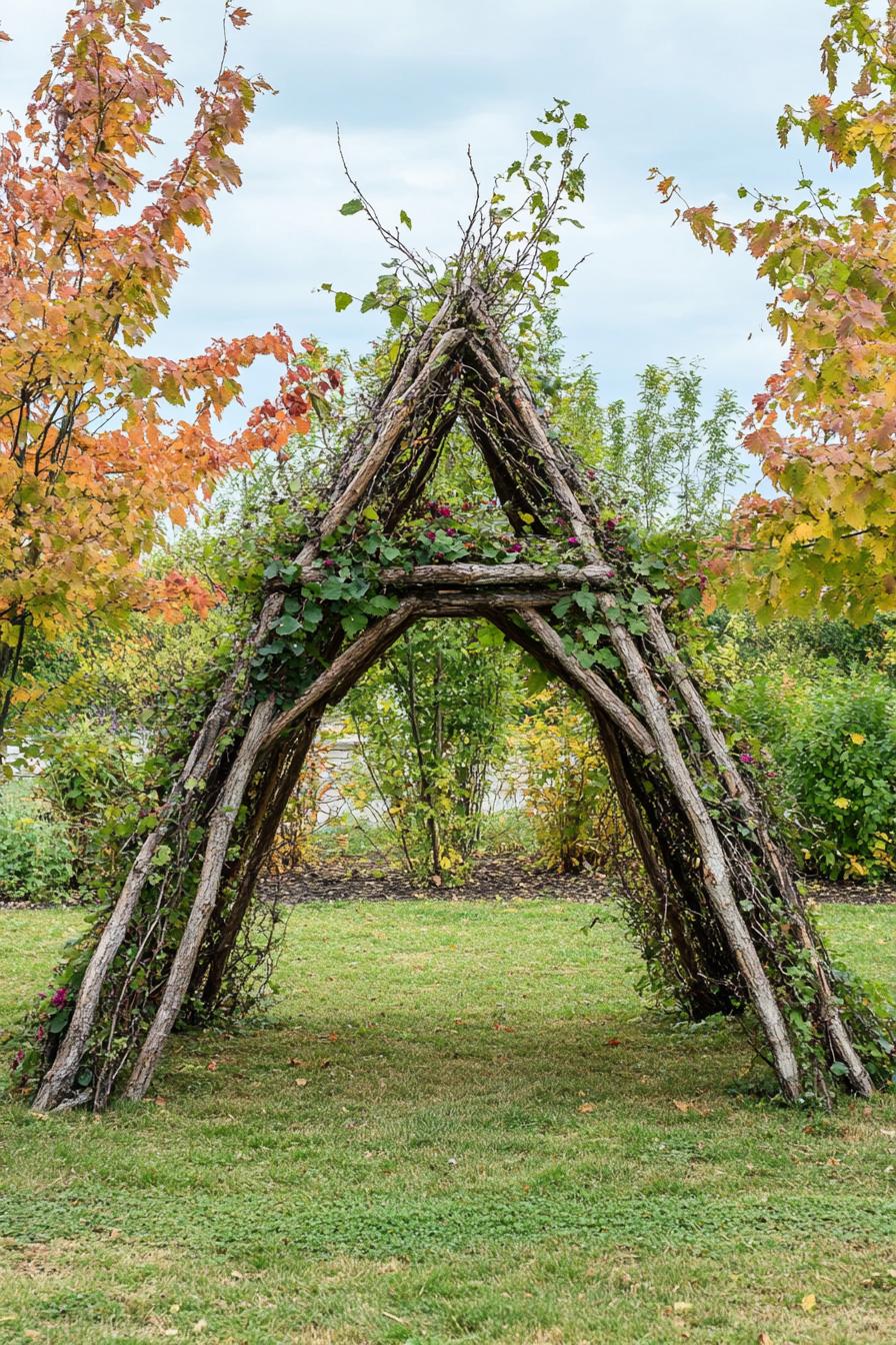 garden gazebo pyramid structure made of tree brances with foliage 3