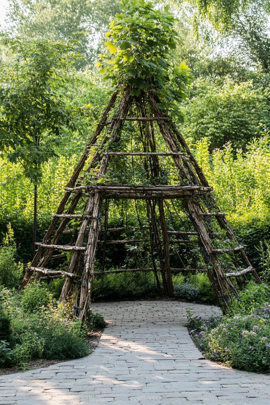 garden gazebo pyramid structure made of tree brances with foliage